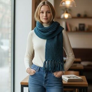 Hand Knit Ribbed Scarf Blue Teal Black Fringe Long Winter Boho Cozy Unbranded